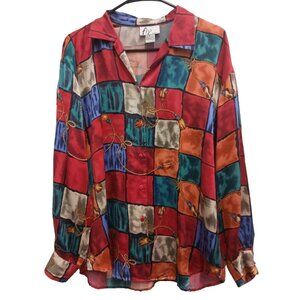 VTG 80s Fiji Sports Womens Blouse Top Size Medium Silk Colorblock Artsy Colorful